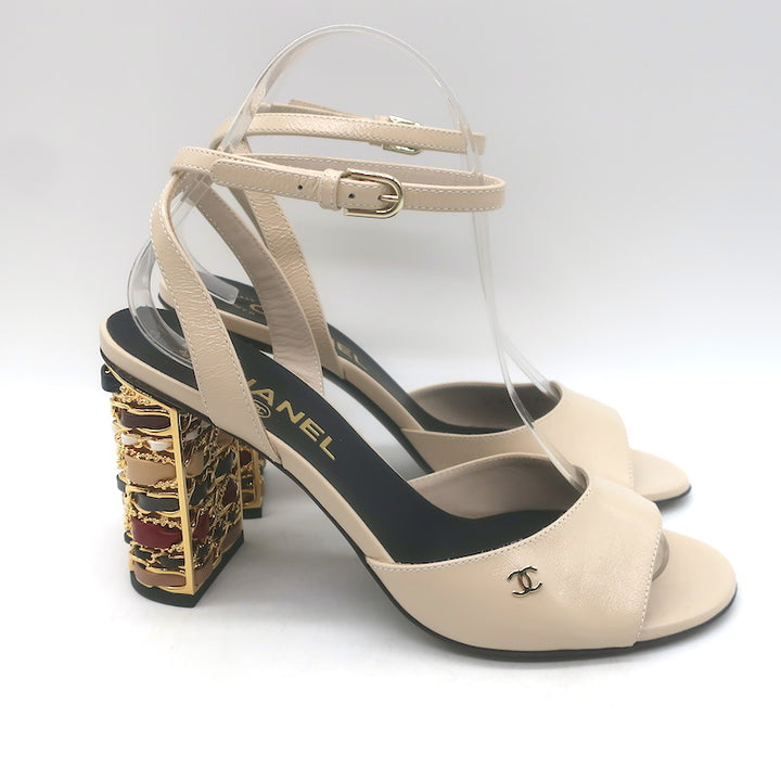Chanel 23B Chain-Heel Ankle Strap Sandals Beige Shiny Calfskin Leather Size 37.5