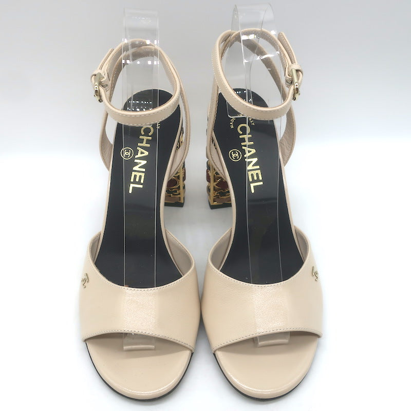 Chanel 23B Chain-Heel Ankle Strap Sandals Beige Shiny Calfskin Leather Size 37.5