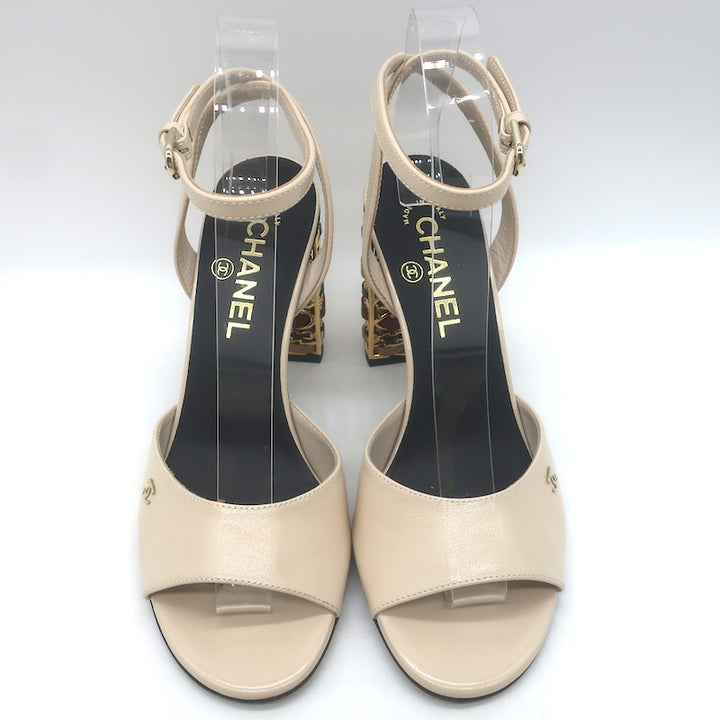 Chanel 23B Chain-Heel Ankle Strap Sandals Beige Shiny Calfskin Leather Size 37.5