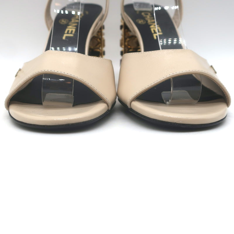 Chanel 23B Chain-Heel Ankle Strap Sandals Beige Shiny Calfskin Leather Size 37.5