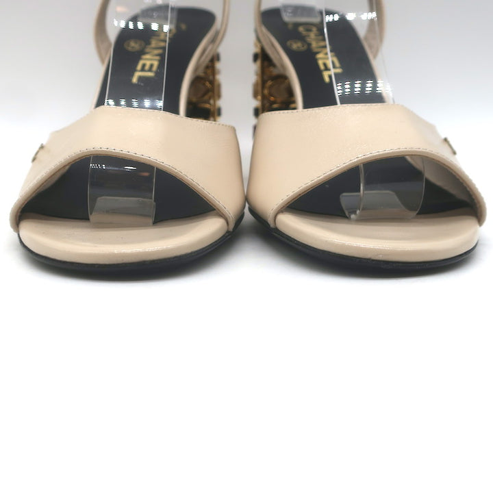 Chanel 23B Chain-Heel Ankle Strap Sandals Beige Shiny Calfskin Leather Size 37.5