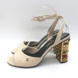 Chanel 23B Chain-Heel Ankle Strap Sandals Beige Shiny Calfskin Leather Size 37.5
