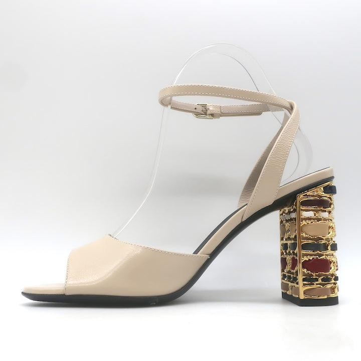Chanel 23B Chain-Heel Ankle Strap Sandals Beige Shiny Calfskin Leather Size 37.5