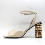 Chanel 23B Chain-Heel Ankle Strap Sandals Beige Shiny Calfskin Leather Size 37.5