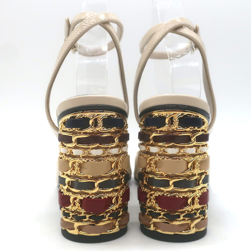 Chanel 23B Chain-Heel Ankle Strap Sandals Beige Shiny Calfskin Leather Size 37.5