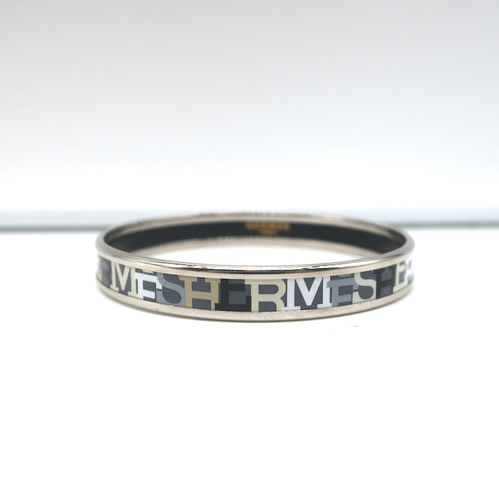 Hermes Capitales Enamel Narrow Bangle Bracelet Gray/Silver Size Medium