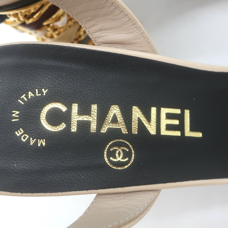 Chanel 23B Chain-Heel Ankle Strap Sandals Beige Shiny Calfskin Leather Size 37.5