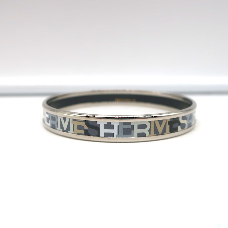 Hermes Capitales Enamel Narrow Bangle Bracelet Gray/Silver Size Medium