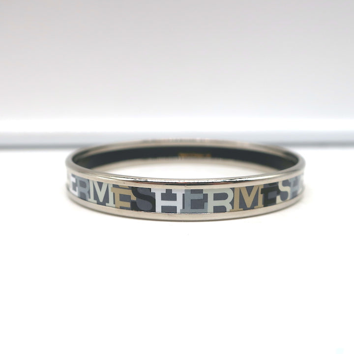 Hermes Capitales Enamel Narrow Bangle Bracelet Gray/Silver Size Medium