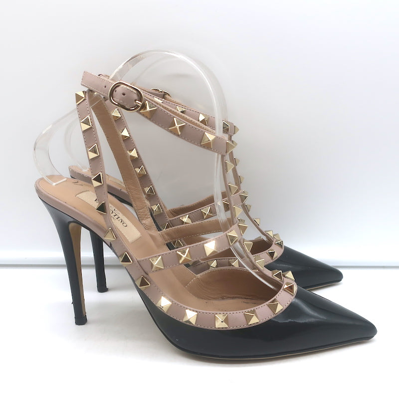Valentino Rockstud caged slingback pumps in black patent and poudre leather, authentic pre-owned luxury heels, size 38