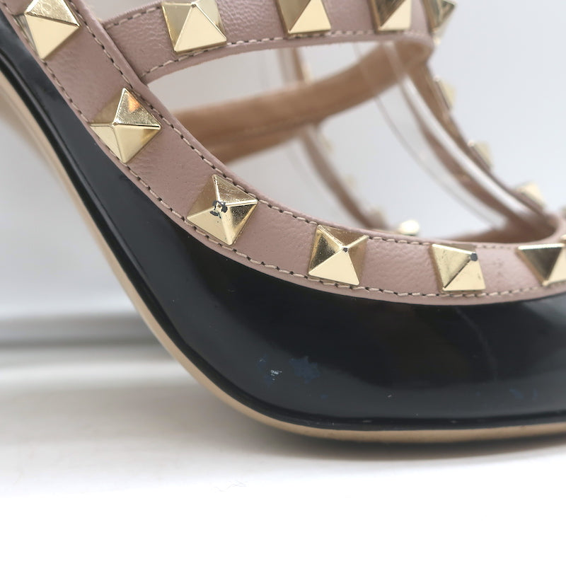 Valentino Rockstud caged slingback pumps, black patent &amp; poudre leather, authentic pre-owned luxury size 38