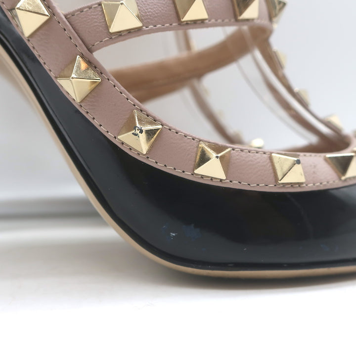 Valentino Rockstud caged slingback pumps, black patent &amp; poudre leather, authentic pre-owned luxury size 38