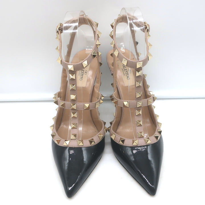 Valentino Rockstud caged slingback pumps, black patent &amp; poudre leather, pre-owned, authentic designer heels, size 38