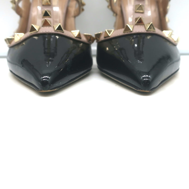 Valentino Rockstud caged slingback pumps, black patent and poudre leather, pre-owned, authentic designer size 38