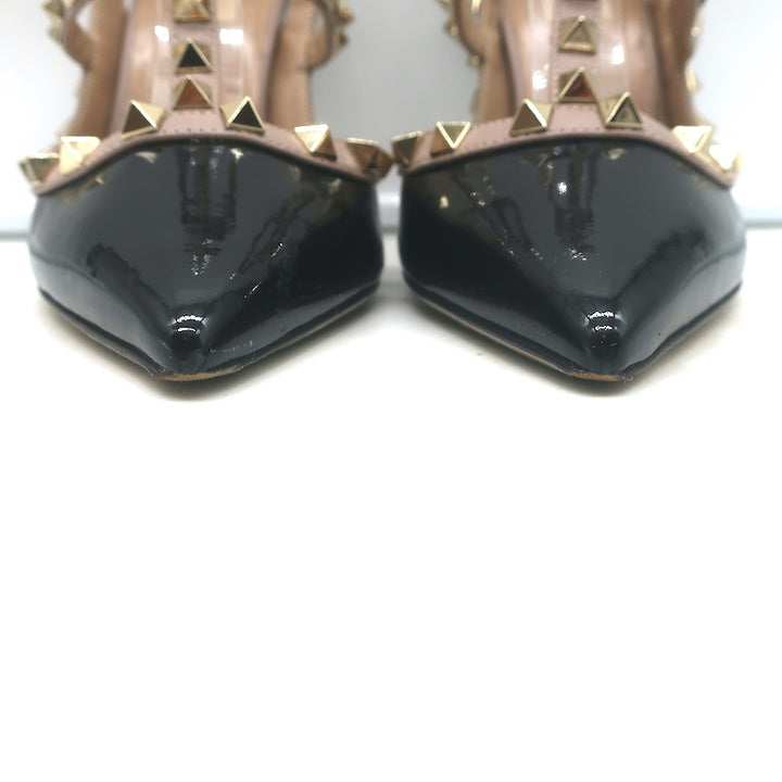 Valentino Rockstud caged slingback pumps, black patent and poudre leather, pre-owned, authentic designer size 38