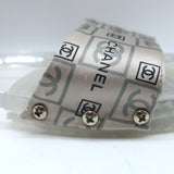 Chanel CC Acrylic Clog Sandals Silver Printed Satin Size 38 Flat Slides