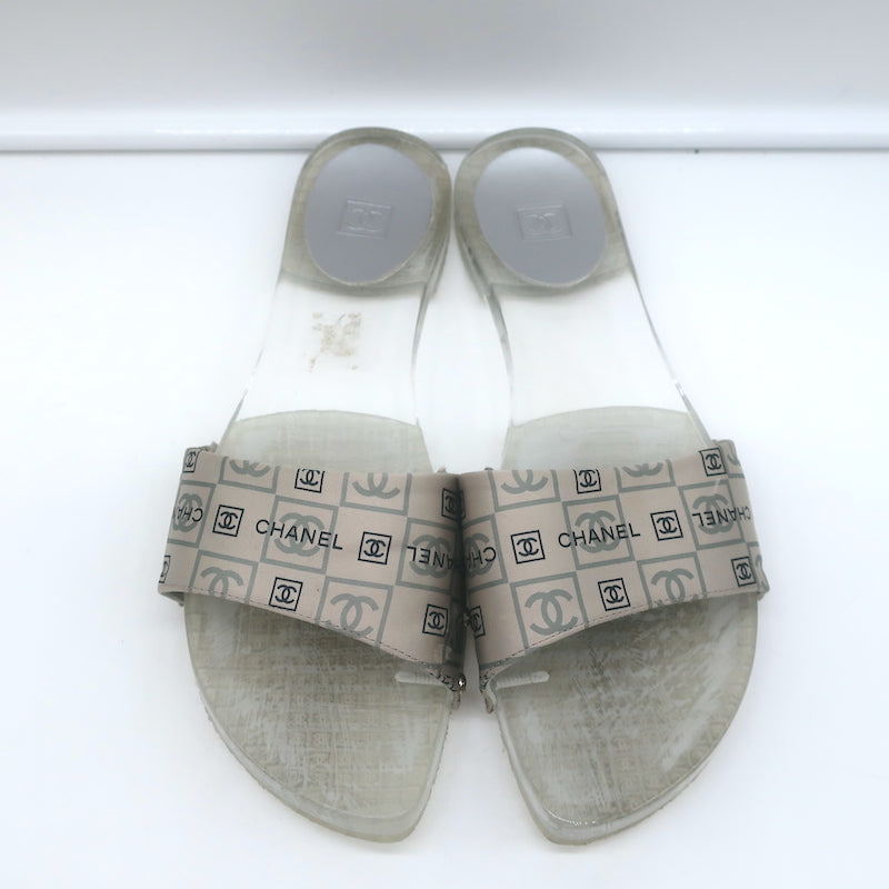 Chanel CC Acrylic Clog Sandals Silver Printed Satin Size 38 Flat Slides
