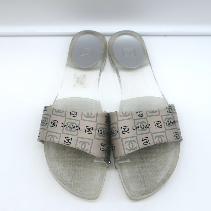 Chanel CC Acrylic Clog Sandals Silver Printed Satin Size 38 Flat Slides