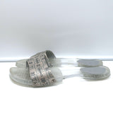 Chanel CC Acrylic Clog Sandals Silver Printed Satin Size 38 Flat Slides