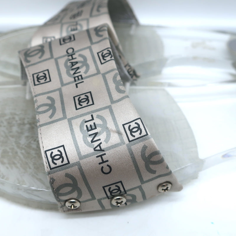 Chanel CC Acrylic Clog Sandals Silver Printed Satin Size 38 Flat Slides