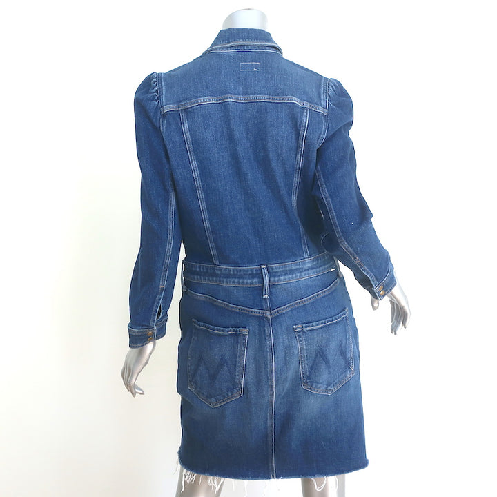 MOTHER The Puffy Bruiser Denim Mini Dress Blue Stretch Cotton Size Large NEW