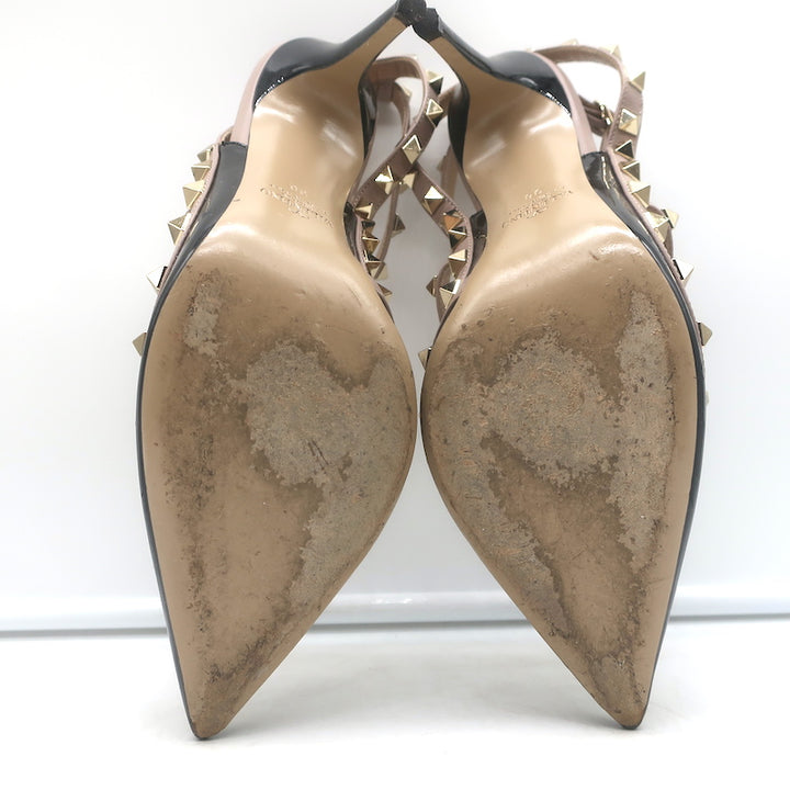 Valentino Rockstud caged slingback pumps, black patent &amp; poudre leather, pre-owned luxury with authentic stud detailing