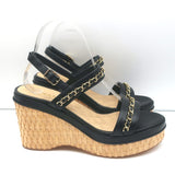 Chanel 20C CC Chain Wicker Platform Wedge Sandals Black Leather Size 39.5 NEW
