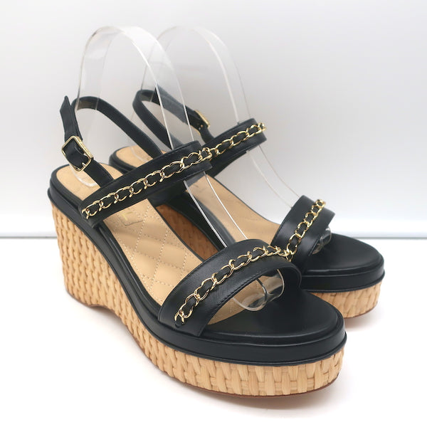 Chanel 20C CC Chain Wicker Platform Wedge Sandals Black Leather Size 39.5  NEW