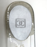 Chanel CC Acrylic Clog Sandals Silver Printed Satin Size 38 Flat Slides
