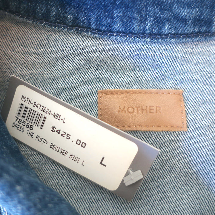 MOTHER The Puffy Bruiser Denim Mini Dress Blue Stretch Cotton Size Large NEW