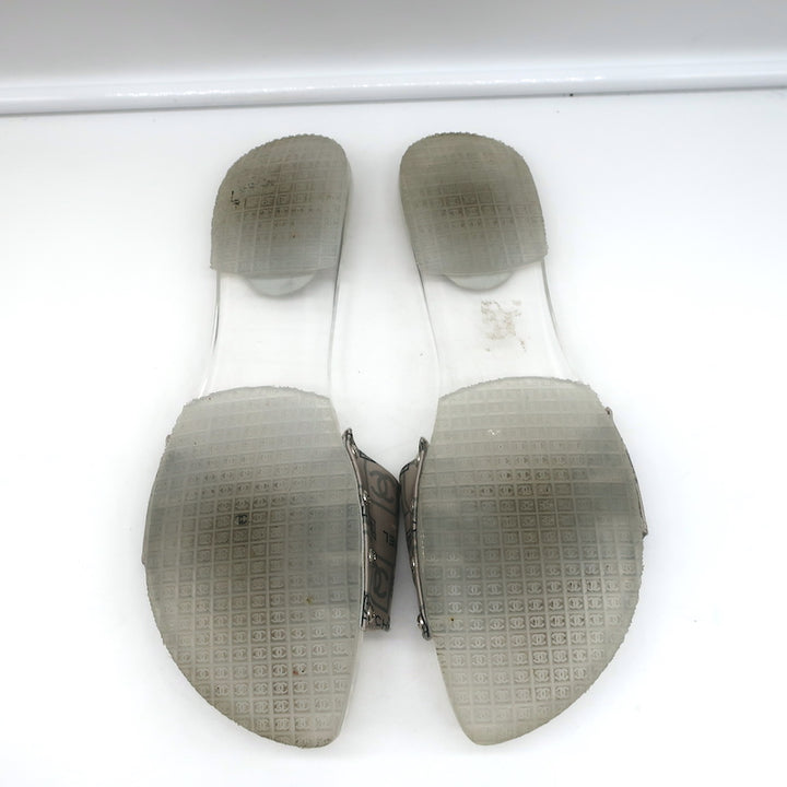 Chanel CC Acrylic Clog Sandals Silver Printed Satin Size 38 Flat Slides