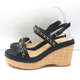 Chanel 20C CC Chain Wicker Platform Wedge Sandals Black Leather Size 39.5 NEW