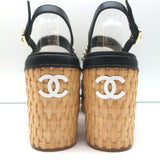 Chanel 20C CC Chain Wicker Platform Wedge Sandals Black Leather Size 39.5 NEW