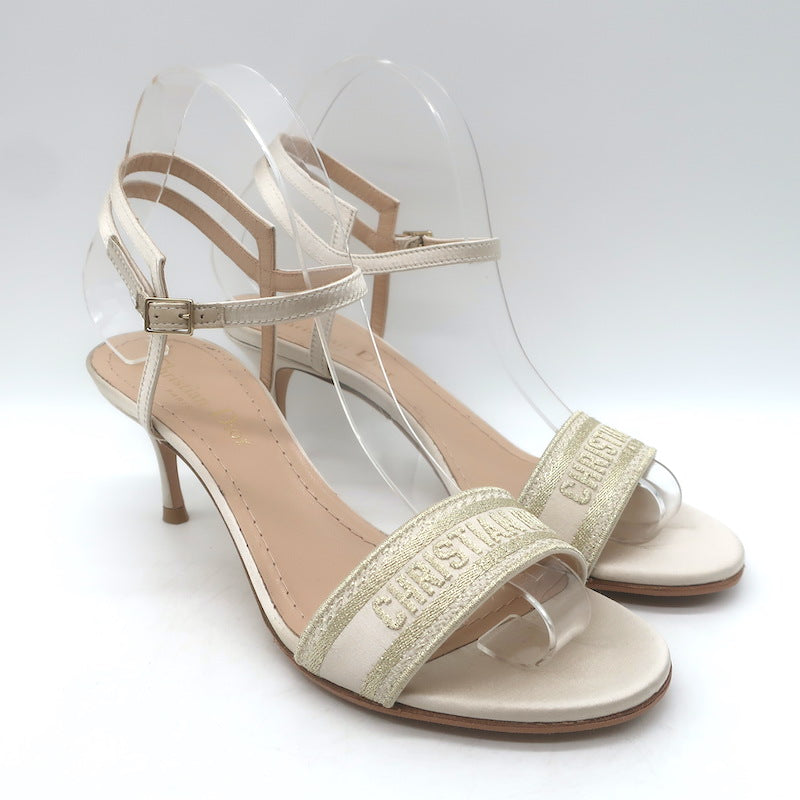 Christian Dior Dway Lurex-Embroidered Ankle Strap Sandals Pale Gold Size 37.5