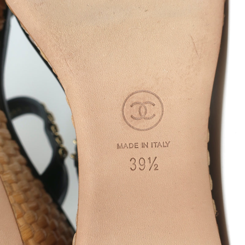 Chanel 20C CC Chain Wicker Platform Wedge Sandals Black Leather