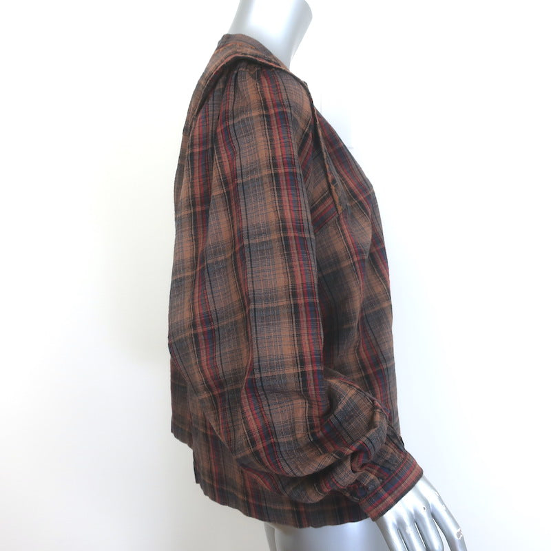 Ba&amp;sh Shea Embroidered Checked Shirt Brown Cotton-Linen Size 1