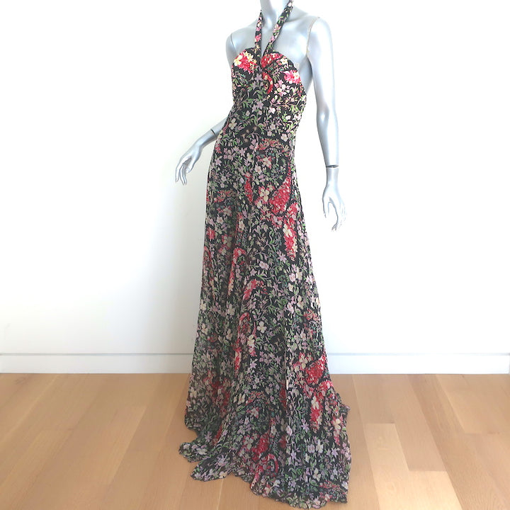Etro Zodiac Halter Gown Black Floral Print Chiffon Size 44 Sleeveless Maxi Dress