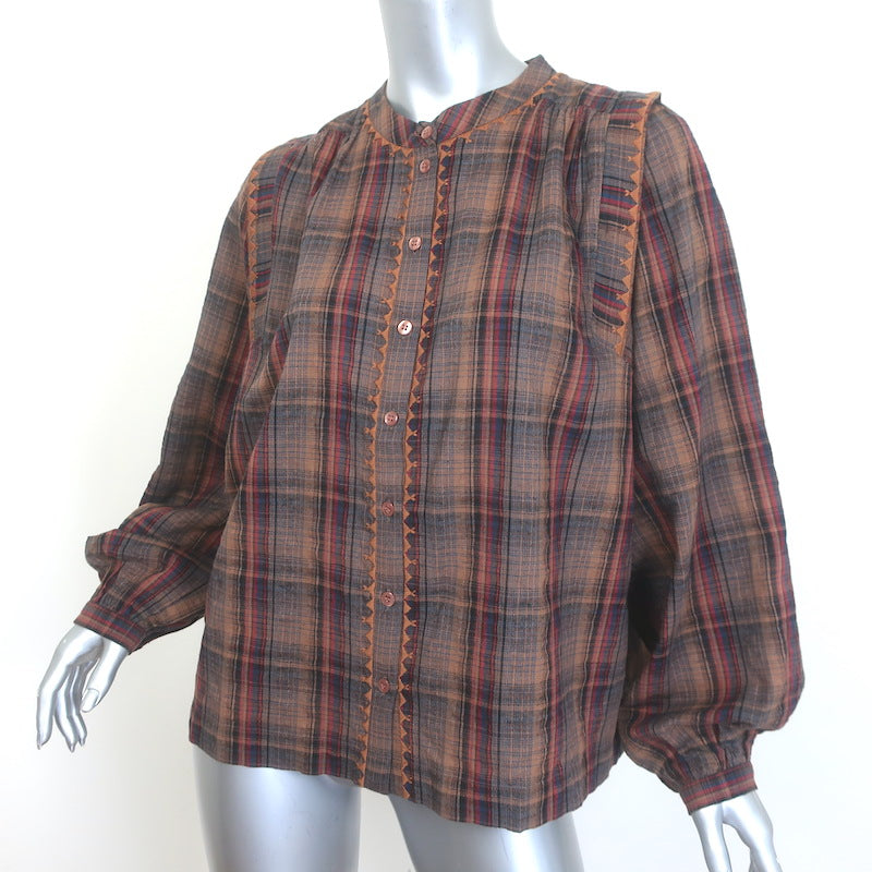 Ba&amp;sh Shea Embroidered Checked Shirt Brown Cotton-Linen Size 1
