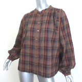 Ba&sh Shea Embroidered Checked Shirt Brown Cotton-Linen Size 1