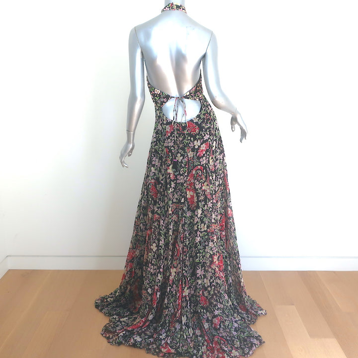 Etro Zodiac Halter Gown Black Floral Print Chiffon Size 44 Sleeveless Maxi Dress