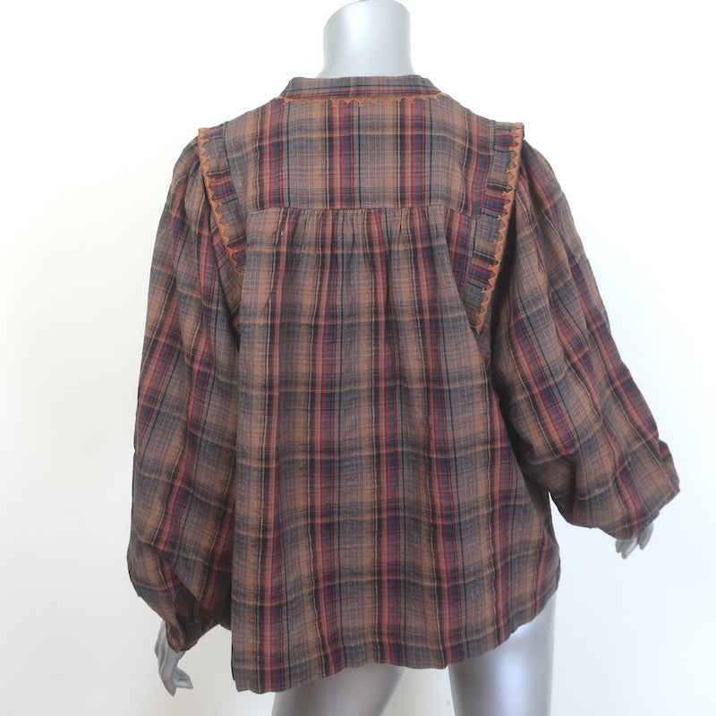Ba&amp;sh Shea Embroidered Checked Shirt Brown Cotton-Linen Size 1