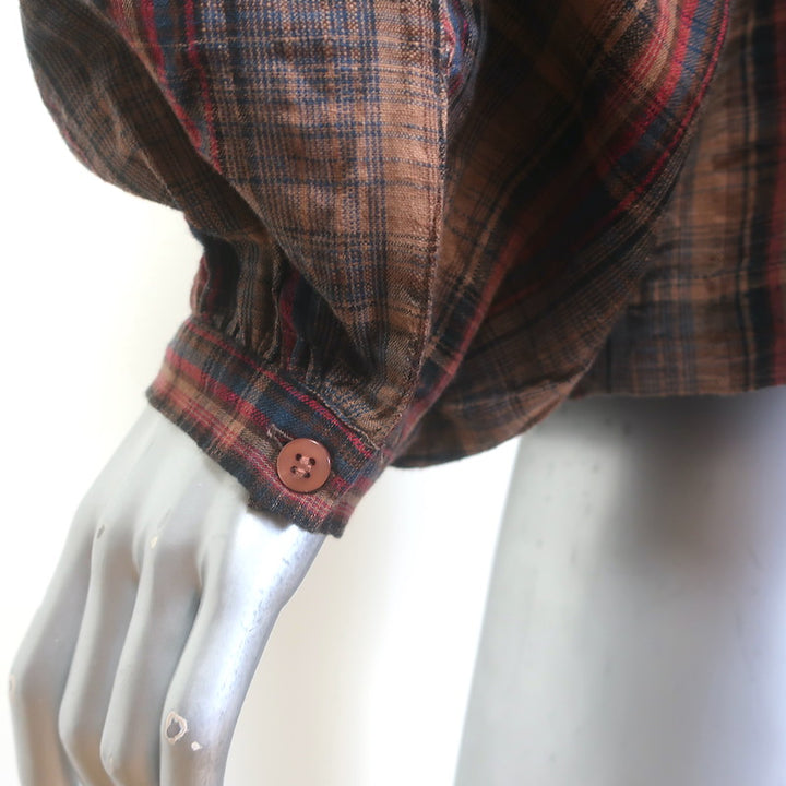 Ba&amp;sh Shea Embroidered Checked Shirt Brown Cotton-Linen Size 1