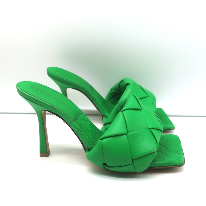 Bottega Veneta Lido Mules Grass Intrecciato Leather Size 37.5 High Heel Sandals