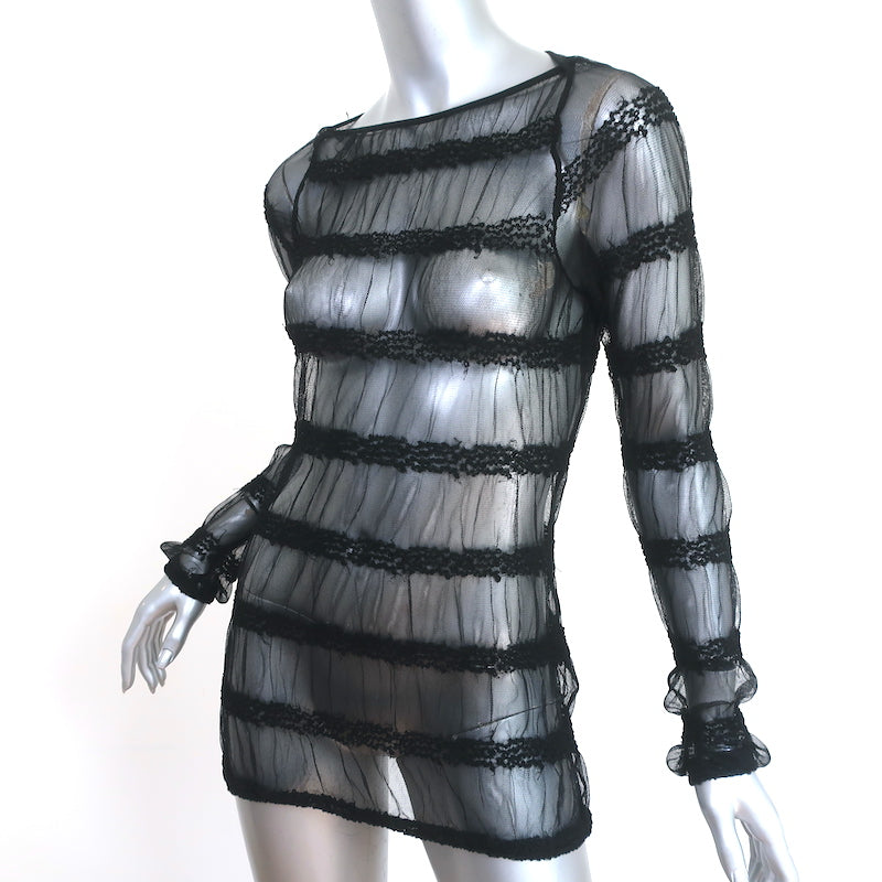Anne Fontaine Long Sleeve Top Carolane Black Striped Tulle Size 40