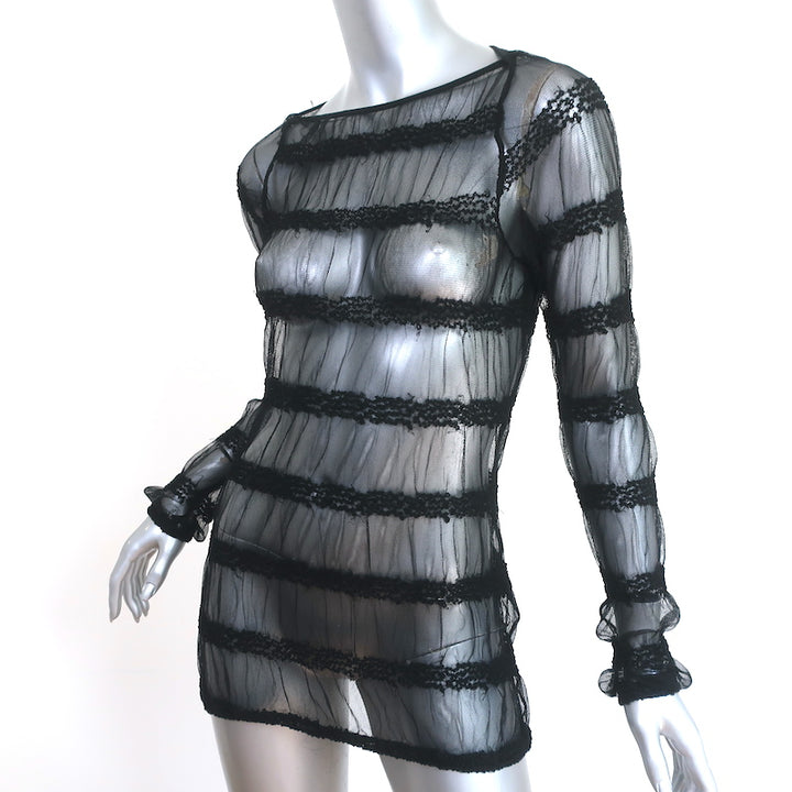 Anne Fontaine Long Sleeve Top Carolane Black Striped Tulle Size 40