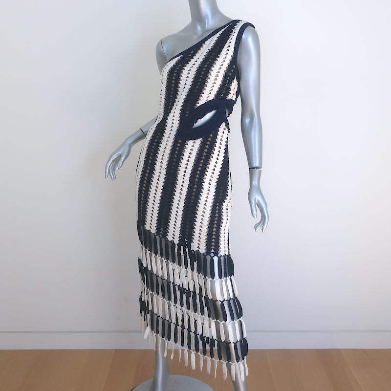 Self-Portrait Crochet One Shoulder Midi Dress Navy/White Striped Knit Size US 6