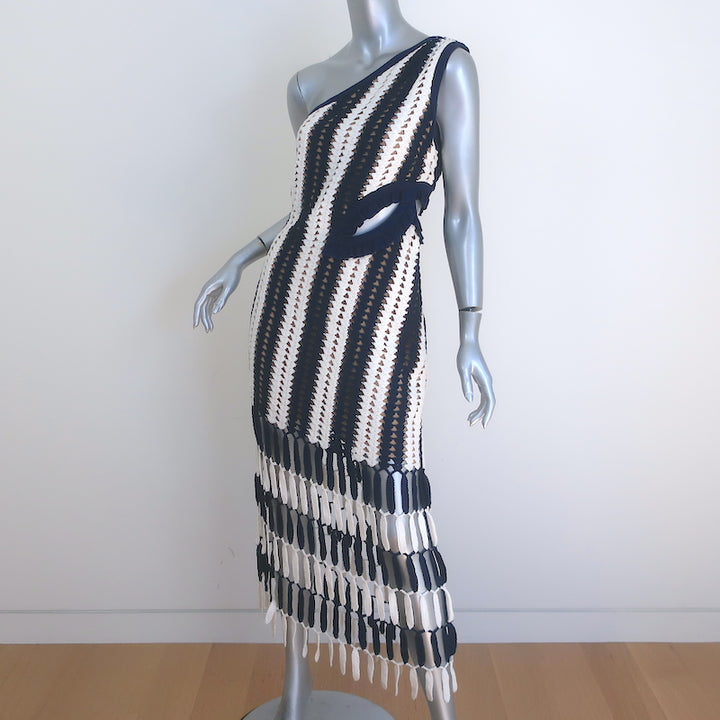 Self-Portrait Crochet One Shoulder Midi Dress Navy/White Striped Knit Size US 6