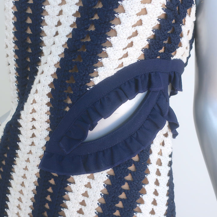 Self-Portrait Crochet One Shoulder Midi Dress Navy/White Striped Knit Size US 6