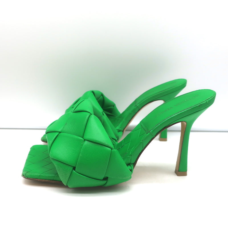 Bottega Veneta Lido Mules Grass Intrecciato Leather Size 37.5 High Heel Sandals