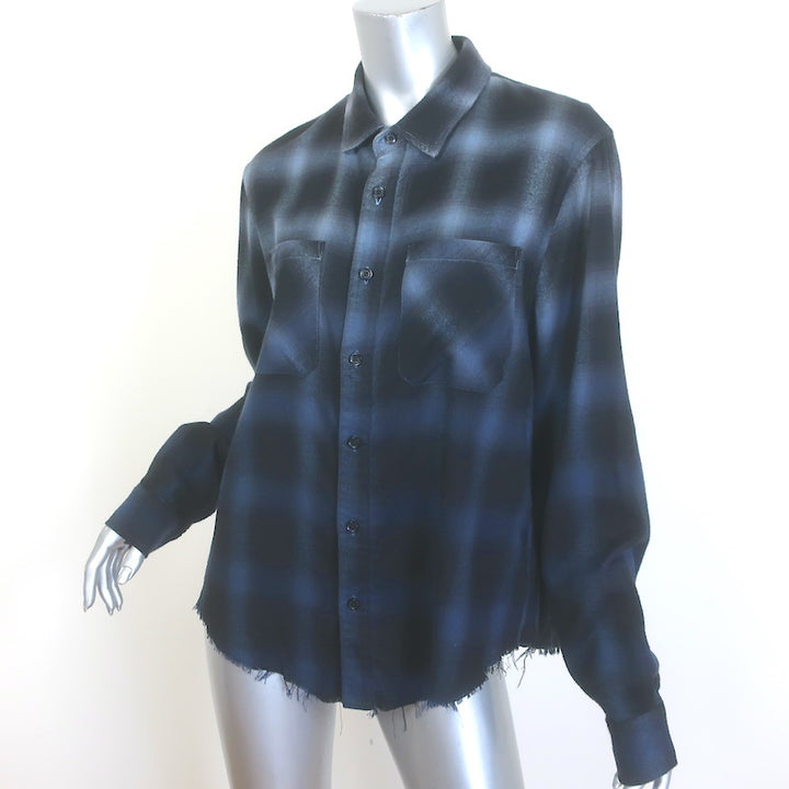 Amiri Distressed Ombre Plaid Flannel Shirt Blue Size Large